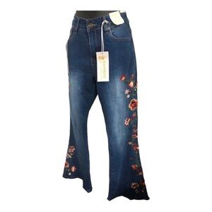 Red Roses Floral applique embroidered supersoft flare blue denim‎ boho jeans